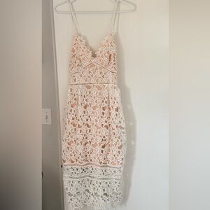 White Lace Midi Dress with Nude Lining